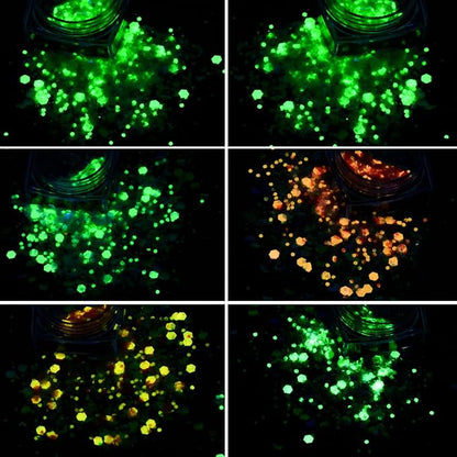 Glow in The Dark Chunky Glitter 12 Boxes Luminous Iridescent Glitter Tiffany Rose Yellow Flakes for Face Eyes Body Hair DIY Nail Art Decals (A)