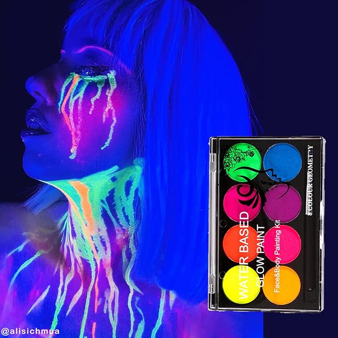 8 Colors UV Neon Glow in the Dark Face Paint,Water Activated Eyeliner Set Neon Rave Body Paint Palette,Water Based Fluorescent Face Painting Kit Halloween Washable for Kids