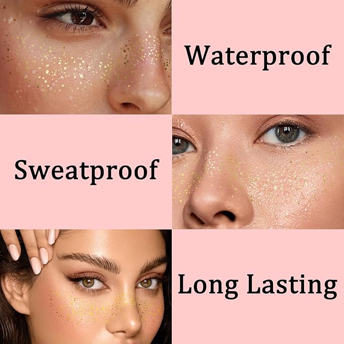6 Sheets Gold Glitter Freckles Face Tattoo, Sparkle Freckles, Gold Face Speckles Patches, Face Glitter Makeup Patches, Waterproof Face Glitter Patches for Women Girls