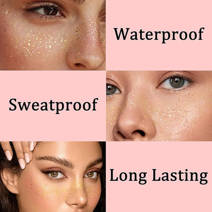 6 Sheets Gold Glitter Freckles Face Tattoo, Sparkle Freckles, Gold Face Speckles Patches, Face Glitter Makeup Patches, Waterproof Face Glitter Patches for Women Girls