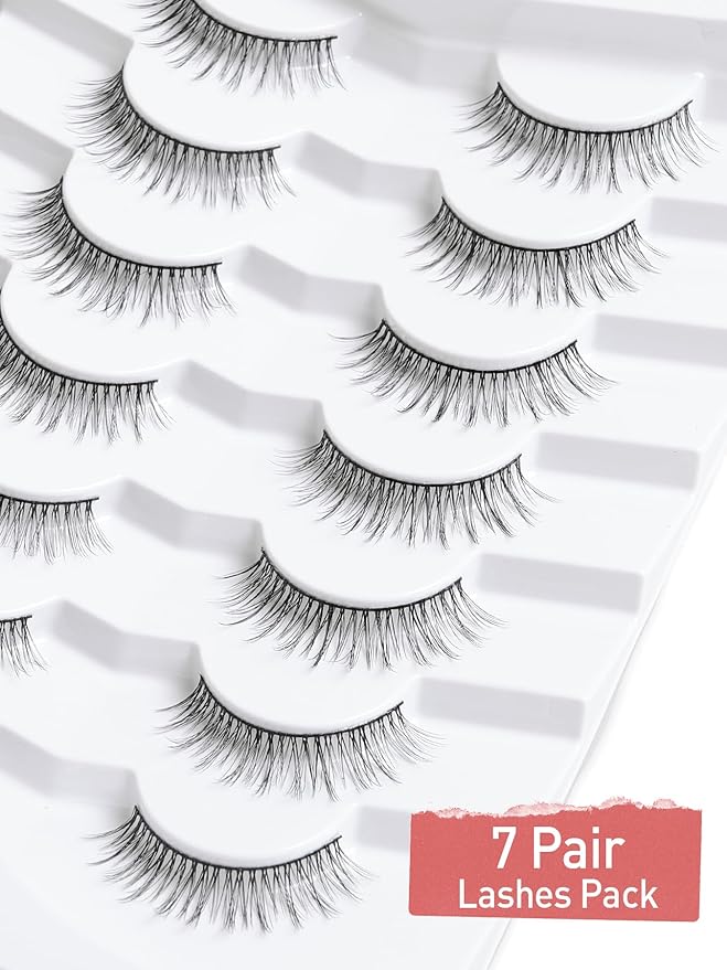 Anime Lashes Wispy False Eyelashes Natural Look 12MM Strip Lashes Thin Band False Lashes 3D Volume Fake Eyelashes 7 Pair C Curl Lash Pack Siligli