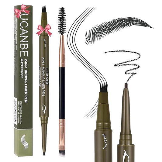 UCANBE Eyebrow Pencils for Women with Spoolie Brush, Dual-Ended Eyebrow Pen with 4-Fork-Tip & Gel Eyeliner, Microblading Brow Pen with Eyeliner Pencil + Brow Brush for Hair Like Brows, Soft Black