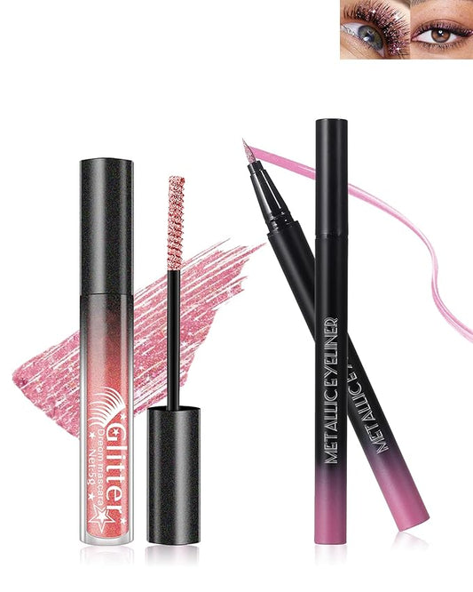 Sliver Mascara and Eyeliner Set,5D Silk Fiber Lash Extension Colored Tube Mascara Volume and Length,Waterproof Glitter Eyeliner Liquid,Long Lasting Smudge-Proof Eye Makeup Kit-Pink