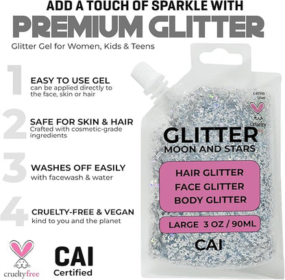 Hair Glitter Gel Body Glitter & Face Glitter for Women/Kids (1 Pk Violet) Chunky Iridescent Holograph Stars & Moon 3 oz | Cosmetic-Grade Makeup Apply Without Glue Easy to Take Off & Keep Skin Clean