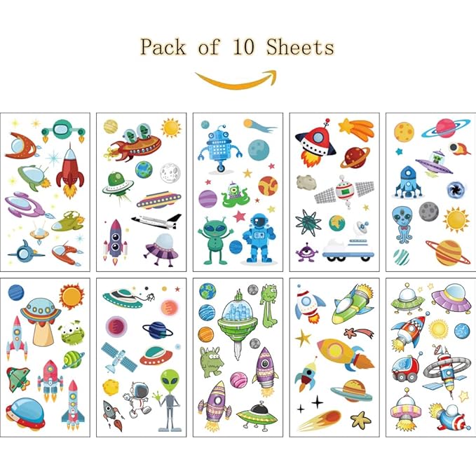 (Pack of 10 Sheets) UFO ET Spacecraft Waterproof Temporary Tattoo Stickers for Kids Boys and Girls, Party Favors Decorations