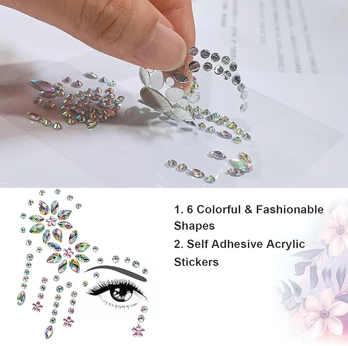 6PCS Gems Glitters for Festivals, Self Adhesive Glitters Acrylic Face Stickers Face Crystal Jewels Rhinestone Stickers for Music Festival Party Birthday Carnival