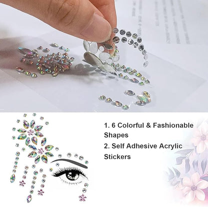 6PCS Gems Glitters for Festivals, Self Adhesive Glitters Acrylic Face Stickers Face Crystal Jewels Rhinestone Stickers for Music Festival Party Birthday Carnival