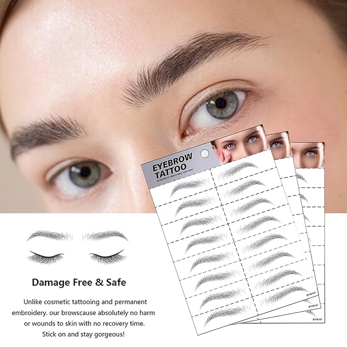 Black Eyebrow Tattoo 6 Sheets, Hair-Like Popular Fake Eyebrows Waterproof Lasting 4D Realistic Makeup Tattoo, Eyebrow Transfer Stickers for Women Girls