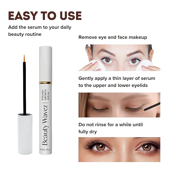 Beauty Wavez Natural Eyelash Growth Serum - Lash Growth Serum with Advanced Formula to Boost Longer Fuller, Thicker Looking Eyelashes and Eyebrows - Vegan & Cruelty-Free Eyebrow Growth Serum, 30ML