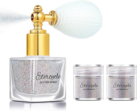 Etercycle Silver Body Glitter Spray, Shimmering Spray Powder Sparkle Powder, Cosmetic Shimmer Makeup Glitter for Hair and Body Face Clothes Nail Art Craft Design Easter Christmas Halloween Crafts