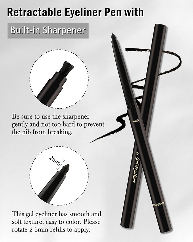 Black+Nude Waterline Eyeliner Pencil, Cream Gel Eye Liner Pencils for Older Women,Waterproof Smudge-Proof Long Wear Retractable Eye Liner with Sharpener, Water Line Eyeliner for Older Women-2Pcs