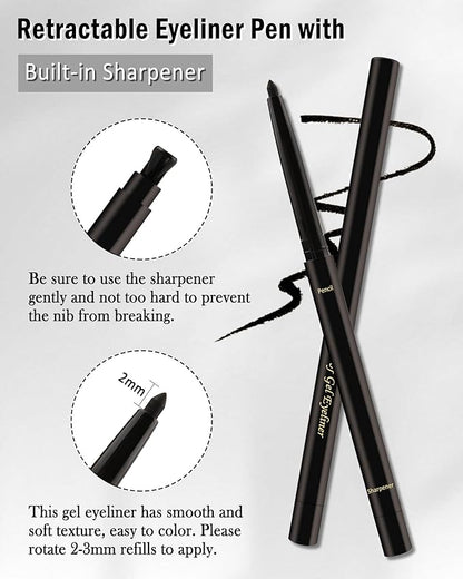 Black+Nude Waterline Eyeliner Pencil, Cream Gel Eye Liner Pencils for Older Women,Waterproof Smudge-Proof Long Wear Retractable Eye Liner with Sharpener, Water Line Eyeliner for Older Women-2Pcs