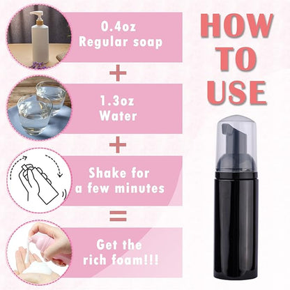 52PCS Lash Shampoo Bottles and Brushes Set, 10pcs Foam Pump Dispenser, 10pcs Nose Pore Deep Cleaning Brush, 10pcs eyelash extension tube brush, 10pcs Extension Aftercare Instructions Cards, 2pcs