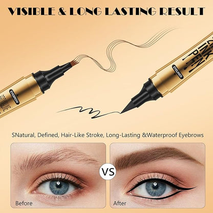 2 in 1 Magic Eyebrow Pencil,2024 Upgrade 3D Microblading Eyebrow Tattoo Pencil 4 Fork Tip with Eyeliner,Double Head Microblading Eyebrow Pencil Waterproof Makeup Tools (Dark Brown)