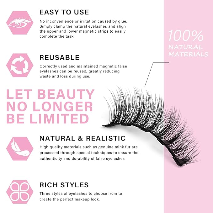 Magnetic False Eyelashes, 3D Natural Look Set of Dual Magnetic Eyelashes without Eyeliner, Reusable and Waterproof False Eyelashes with Applicator, No Glue, Easy to Wear, 2 Size Fits Your Need