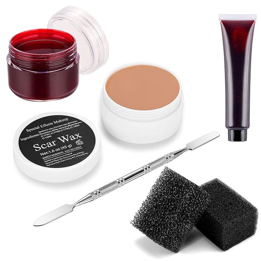 Fake Blood Sfx Makeup Kit Scar Wax(1.6 Oz) with Scab Coagulated Blood Gel, Spatula Tool Cosmetics Mixer，Stipple Sponge, Professional Halloween Fake Wound Skin Wax for Darker Skin Tone