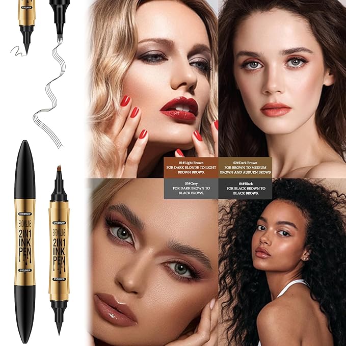 Microblading Eyebrow Pen,2-in-1 Eyebrow Tattoo Pencil 4 Fork Tip with Eyeliner,Multifunction Double Head Waterproof Eyebrow Pencil Create Natural Looking Brows (Dark Brown)