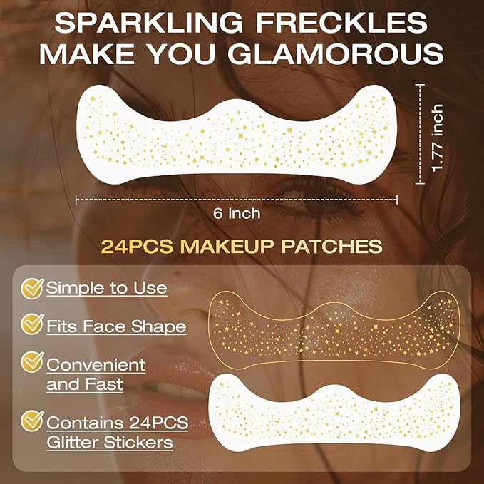 24 Pcs Glitter Freckles Face Tattoo,Gold Face Glitter Makeup Patches Cute Sparkle Freckles Patches Waterproof Makeup Speckles for Face Accessories for Women Girls