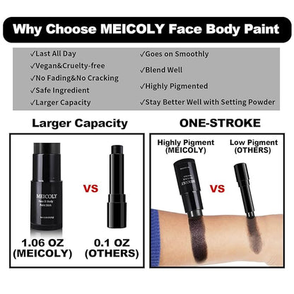 MEICOLY Black White Face Body Paint Stick Kit,1.06Oz Clown White Makeup Kit,2pcs Halloween Face Paint Grease Cream Mime Sticks,Joker Zombie Vampire Skeleton Cosplay with 2pcs Sponges