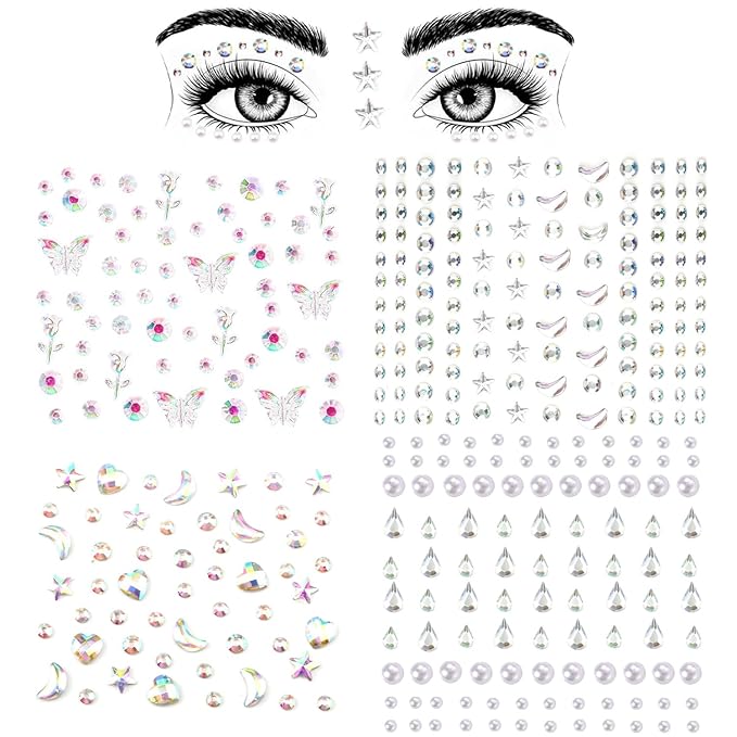 4 Sheets Face Gemstones, Self-Adhesive Face Diamonds Stickers Rhinestones for Makeup Hair Gems Pearl Face Rhinestone Tattoos for Women Girls Face Eyes Nail Hair