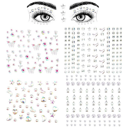 4 Sheets Face Gemstones, Self-Adhesive Face Diamonds Stickers Rhinestones for Makeup Hair Gems Pearl Face Rhinestone Tattoos for Women Girls Face Eyes Nail Hair