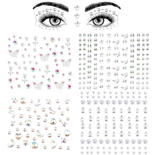 4 Sheets Face Gemstones, Self-Adhesive Face Diamonds Stickers Rhinestones for Makeup Hair Gems Pearl Face Rhinestone Tattoos for Women Girls Face Eyes Nail Hair