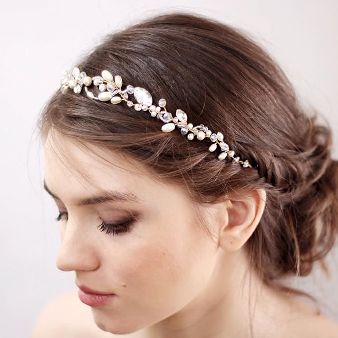 Kercisbeauty Wedding Bridal Headband with Pearl Crystal Headpiece for Women Girls Prom Headpiece Vintage Boho Tiara Bridesmaid Hair Accessories (Rose Gold)