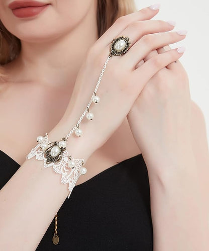 Gothic Pearl Lace Steampunk Wristband Vintage Pearl Pendant Tassel Lace Hand Chain with Finger Ring Lolita Lace Hand Accessories for Women and Girls (Style 3)