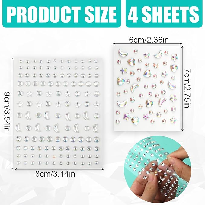 4 Sheets Face Gemstones, Self-Adhesive Face Diamonds Stickers Rhinestones for Makeup Hair Gems Pearl Face Rhinestone Tattoos for Women Girls Face Eyes Nail Hair