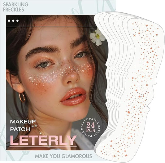 24 Pcs Glitter Freckles Face Tattoo,Rose Gold Face Glitter Makeup Patches Cute Sparkle Freckles Patches Waterproof Makeup Speckles for Face Accessories for Women Girls