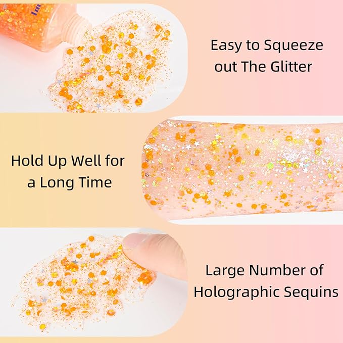 MEICOLY Orange Body Glitter,Sparkling Face Glitter Gel,Mermaid Sequins Face Paint Glitter Autumn Makeup,Eye Hair Chunky Festival Rave Accessories Makeup,Party Body Glitter Gel for Women Kids,50ml