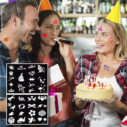 XMASIR 16 Sheets Temporary Tattoos Stencil for Kids, 694P Glitter Tattoo Template + 2P Markers for Girls and Boys Reusable Face Body Paint Stencils Halloween Christmas Birthdays Party Favor (Black)