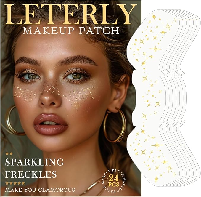 24 Pcs Glitter Freckles Face Tattoo,Gold Face Glitter Makeup Patches Cute Sparkle Freckles Patches Waterproof Makeup Speckles for Face Accessories for Women Girls