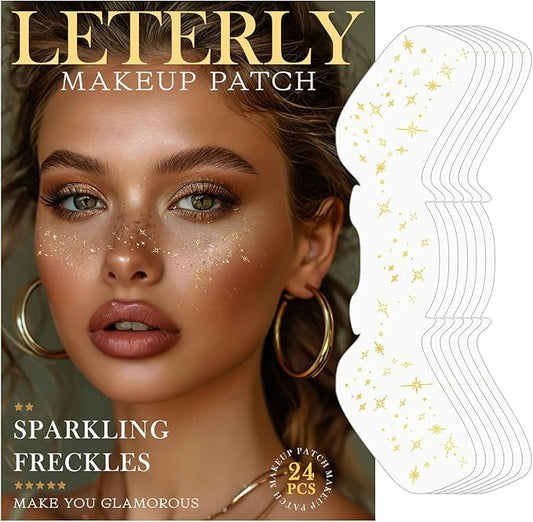 24 Pcs Glitter Freckles Face Tattoo,Gold Face Glitter Makeup Patches Cute Sparkle Freckles Patches Waterproof Makeup Speckles for Face Accessories for Women Girls