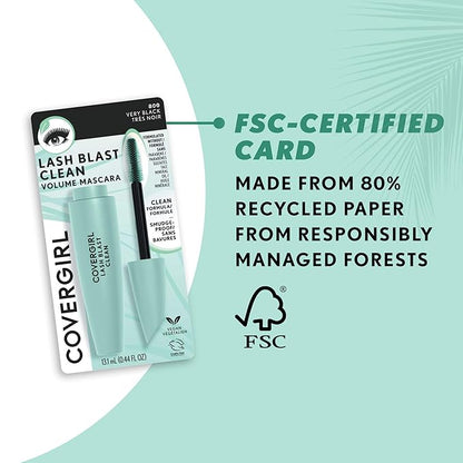 CoverGirl Lash Blast Clean Volume Waterproof Mascara, Vegan Formula, Volumizing, Smudge-Proof, Cruelty Free, Very Black, 1 Count