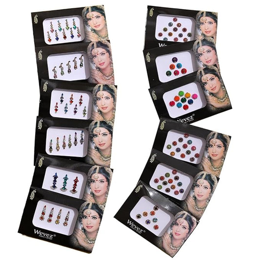 12 Gold,Silver, Multi Color Bollywood Head Bindi Tattoo Body Glitter
