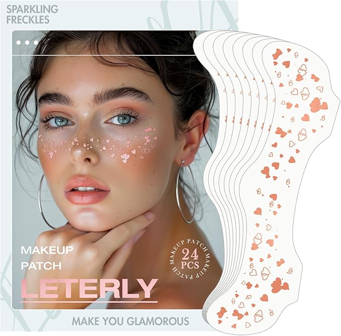 24 Pcs Glitter Freckles Face Tattoo,Rose Gold Face Glitter Makeup Patches Cute Sparkle Freckles Patches Waterproof Makeup Speckles for Face Accessories for Women Girls