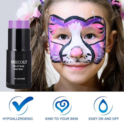 MEICOLY Purple Face Paint Stick(1.06 Oz),Cream Lavender Periwinkle Body Paint ,Sweatproof Waterproof Purple Eye Black for Sports,Violet Lilac Face Paint for Halloween SFX Ursula Cosplay,Light Purple