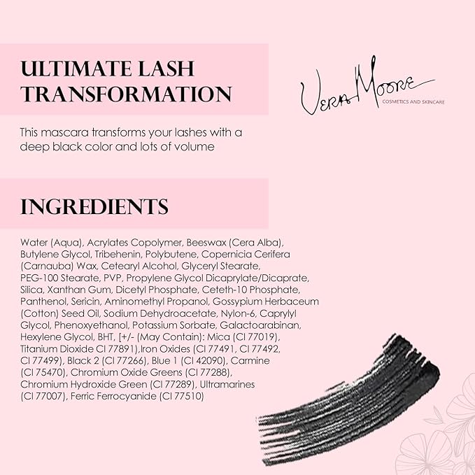 Vera Moore Mascara for Ultimate Volume & Long Lashes, Telescopic & Tubing Options, High-Definition Finish, Smudge-Proof, All-Day Wear, Easy Removal (Brown, 0.28 oz)