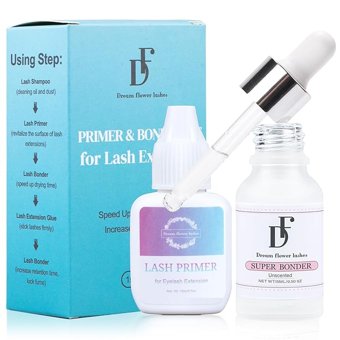 Lash Primer and Bonder Kit for Eyelash Extensions 15+15ml Super Bonder Glue Accelerator Increase Adhesive Bonding Power Eyelash Primer Pretreatment for Semi Permanent Lash Extensions-Blue