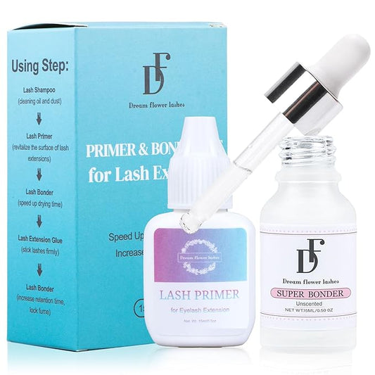 Lash Primer and Bonder Kit for Eyelash Extensions 15+15ml Super Bonder Glue Accelerator Increase Adhesive Bonding Power Eyelash Primer Pretreatment for Semi Permanent Lash Extensions-Blue