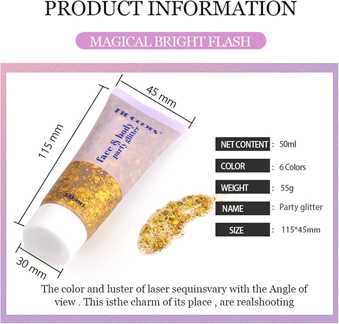 Face Glitter Gel, 2 Jars Holographic Chunky Glitter Makeup for Body, Hair, Face, Nail, Eyeshadow, Long Lasting and Waterproof Mermaid Sequins Liquid Glitter Total 6 Colors Available (Silver & White)