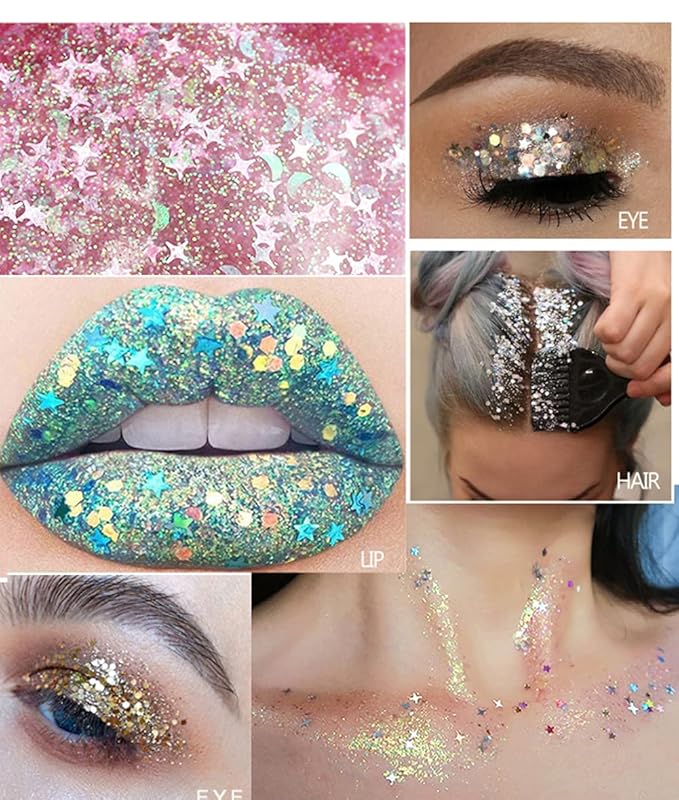 GL-Turelifes 30ml Sequins Chunky Glitter Liquid Eyeshadow Body Gel Festival Cosmetic Face Hair Nails Makeup Long Lasting Sparkling Easy to Apply and Remove (#01 White)