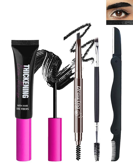 Waterproof Tinted Brow Gel Kit,1 Black Tinted Eyebrow Mascara Gel &1 Eyebrow Pencil Black, Brow Filler Lift Fast Sculpt Waterproof Eyebrow Gel Glue,Eye Brow Shaping Makeup with Brow Razor & Brush-Set8
