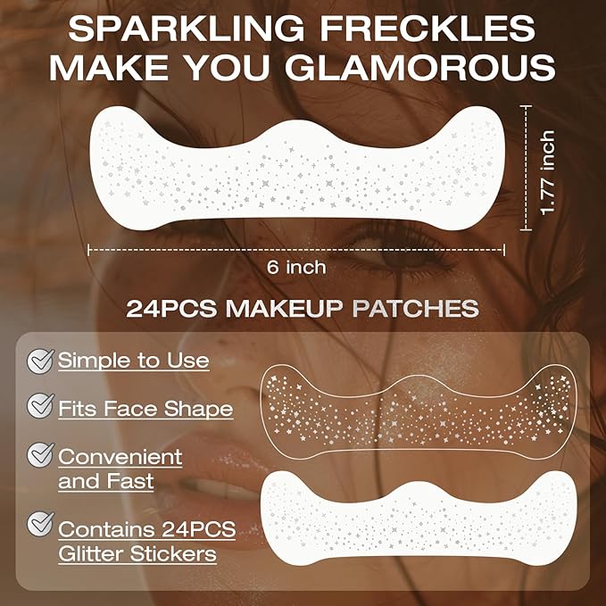 24 Pcs Glitter Freckles Face Tattoo,Silver Face Glitter Makeup Patches Cute Sparkle Freckles Patches Waterproof Makeup Speckles for Face Accessories for Women Girls