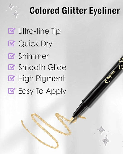 Silver Glitter Mascara + Eyeliner Pen Set, Shimmer Volume Colorful Mascara, Sparkling Liquid Eyeliner, Waterproof, High-Pigmented, All-Day Wear Shine Eye Makeup for Dazzling Looks