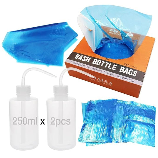Tattoo Wash Bottle Bags 250pcs and 2pcs squeeze bottles (8oz x 2 Bottles) Tattoo Bottle Bags Covers Disposable Wash Bottle Bag Cover Squirt Bottle Tattoo Machine Bags Starter Kit