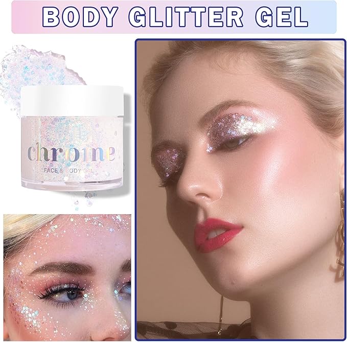 White Body Face Glitter Gel Makeup Hair Glitter Gel Long Lasting Shiny Holographic Chunky Sequins Halloween Festival Face Paint Glitter Gel Makeup - 01 Sparkling White