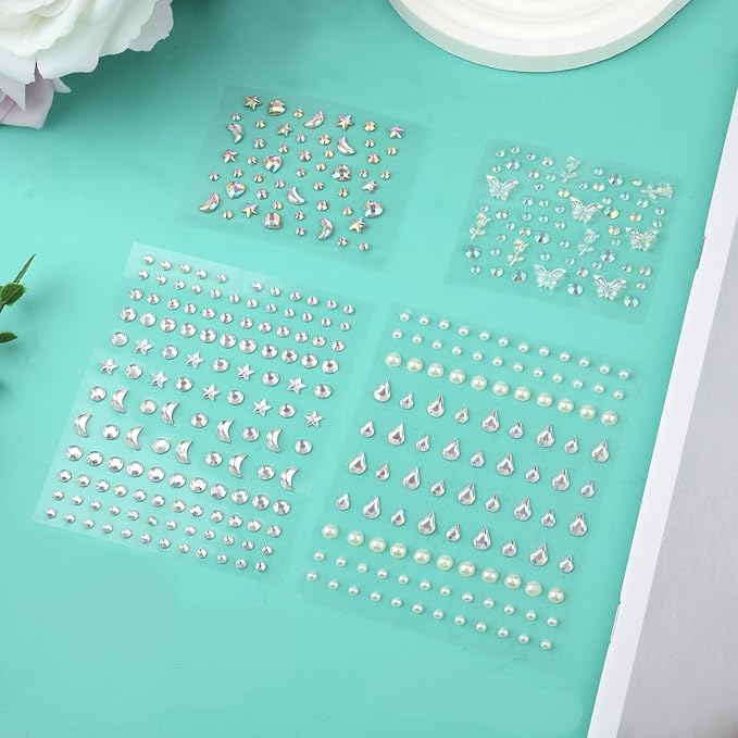 4 Sheets Face Gemstones, Self-Adhesive Face Diamonds Stickers Rhinestones for Makeup Hair Gems Pearl Face Rhinestone Tattoos for Women Girls Face Eyes Nail Hair