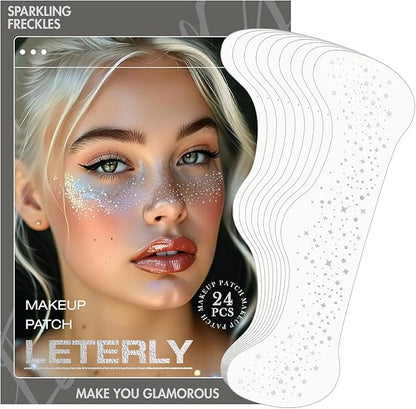 24 Pcs Glitter Freckles Face Tattoo,Silver Face Glitter Makeup Patches Cute Sparkle Freckles Patches Waterproof Makeup Speckles for Face Accessories for Women Girls